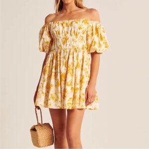 Abercrombie & Fitch Yellow Floral Off-Shoulder Puff Sleeve Mini Dress Small Tall